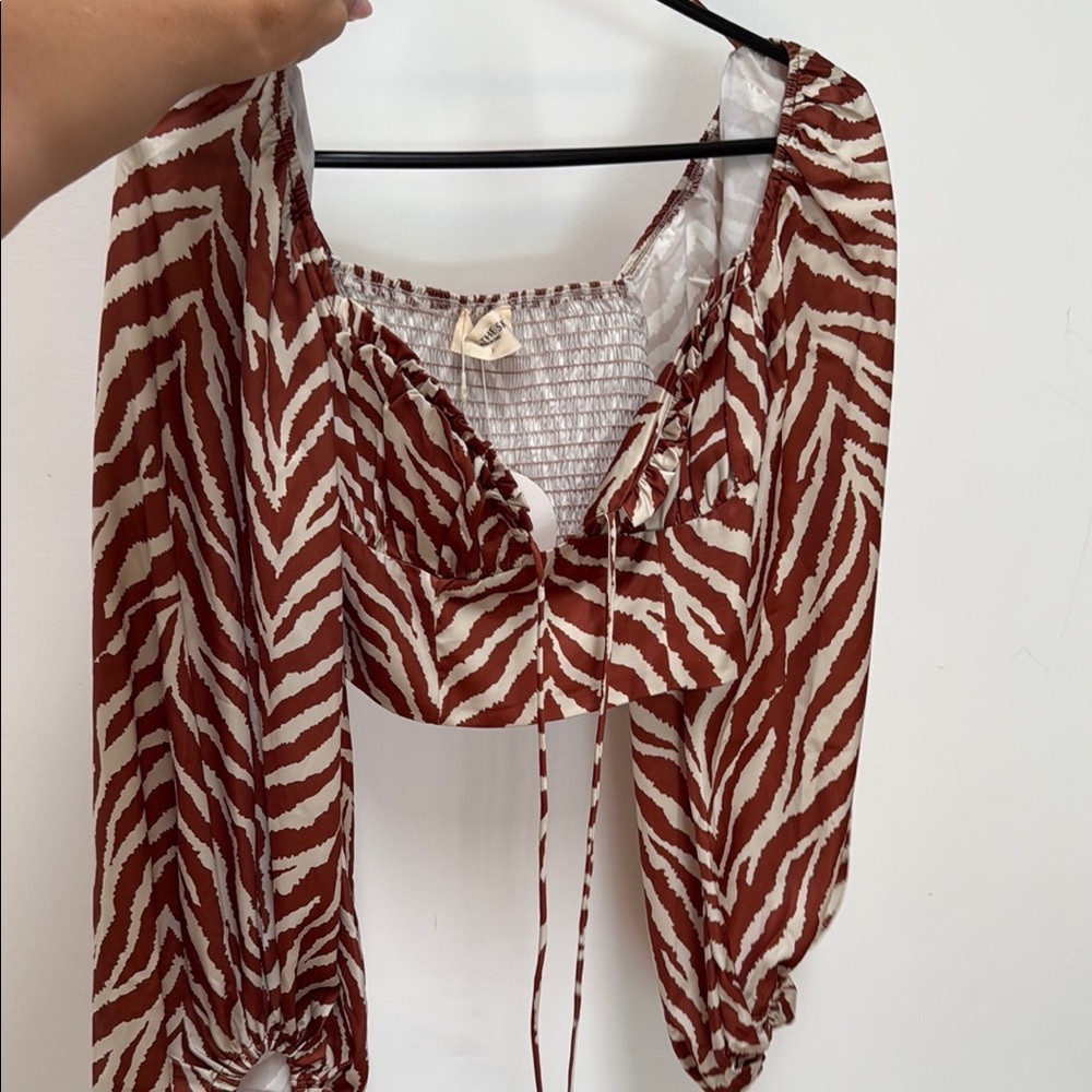 Urban Outfitters Brown and White Ruched Crop Blouse